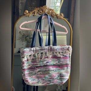 NWT Anthropologie Raj Deadstock XL Victoria Woven Tote Beach Bag w Navy Straps